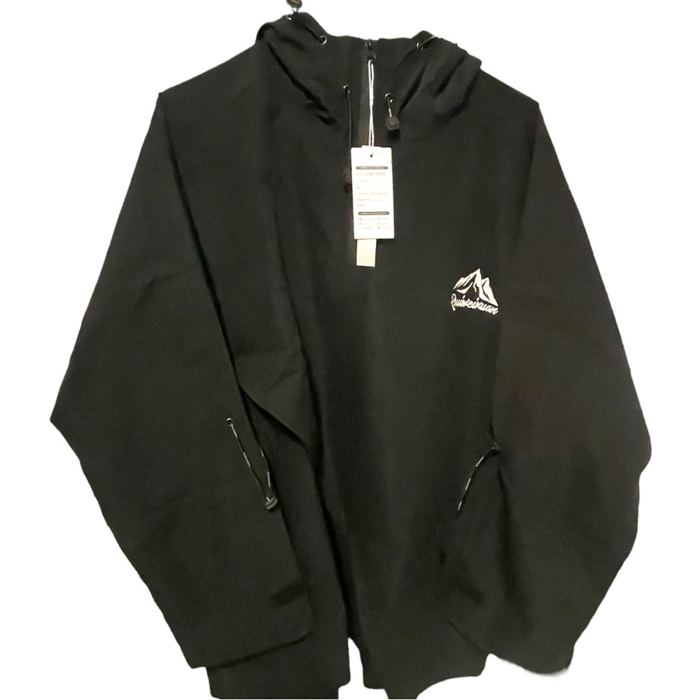Men’s 3X New Black Hooded Rain Jacket with New Coverup Front Design